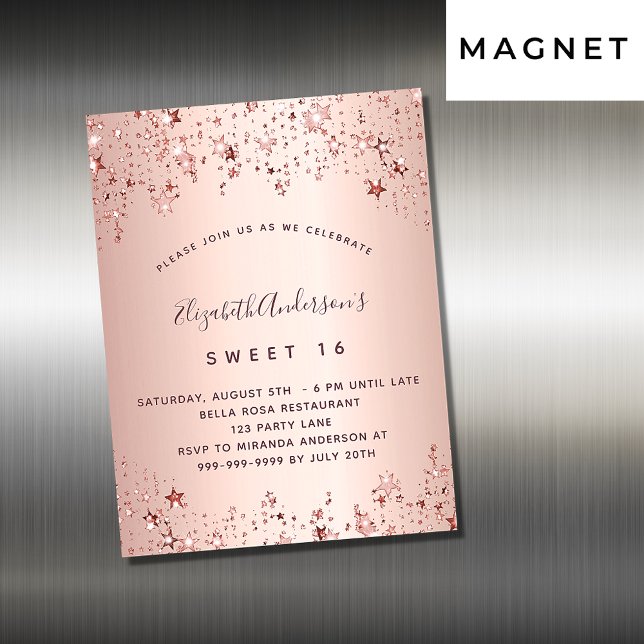 Sweet 16 rose gold stars blush invitation magnet (Creator Uploaded)