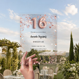 Sweet 16 rose gold stars clear party acrylic invitations