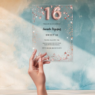 Sweet 16 rose gold stars clear party acrylic invitations