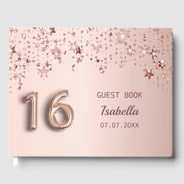 Sweet 16 rose gold stars pink guest book (Front)