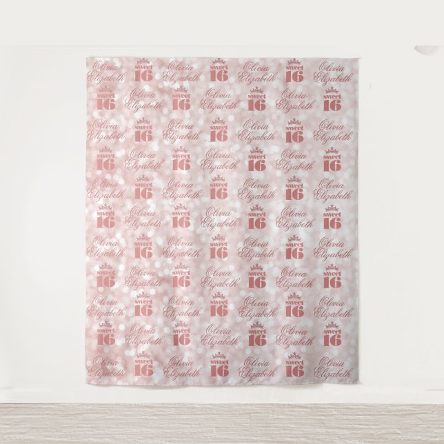 Sweet 16 Rose Gold Step and Repeat Party Tapestry (Front)