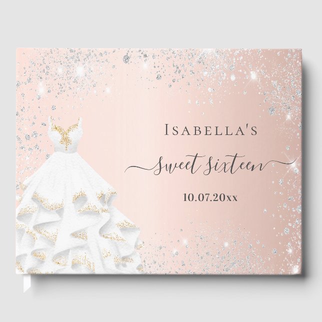 Sweet 16 rose gold white dress birthday  guest book (Front)