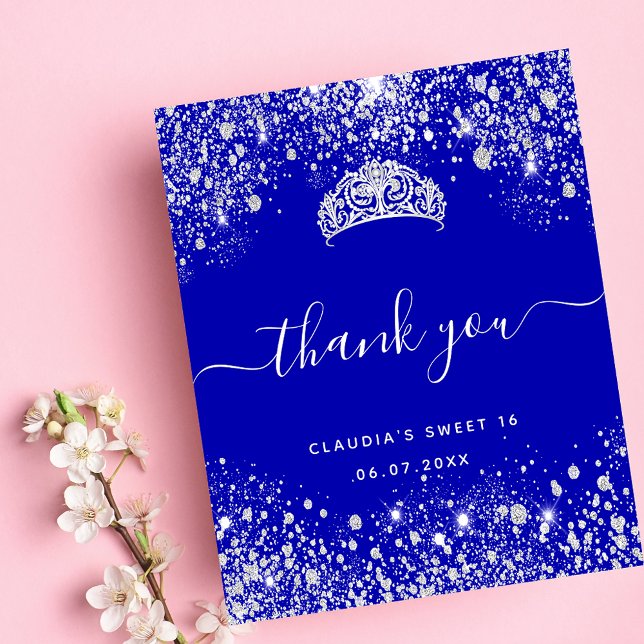 Sweet 16 royal blue glitter budget thank you card (Creator Uploaded)