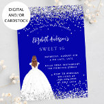 Sweet 16 royal blue glitter dress invitation<br><div class="desc">A modern,  stylish and glamourous invitation for a Sweet 16,  16th birthday party.  A royal blue background with faux glitter dust,  a girl wearing a ball gown.  The name is written with a modern hand lettered style script.  Personalise and add your party details.</div>
