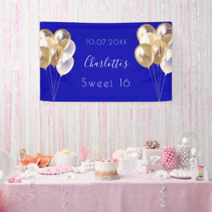 Sweet 16 royal blue gold balloons party banner