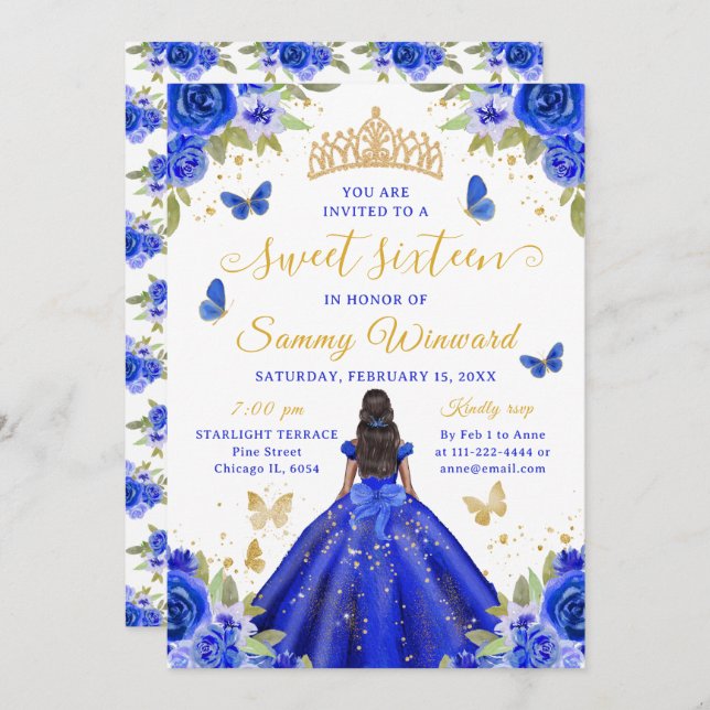 Sweet 16 Royal Blue Princess African American Girl Invitation (Front/Back)