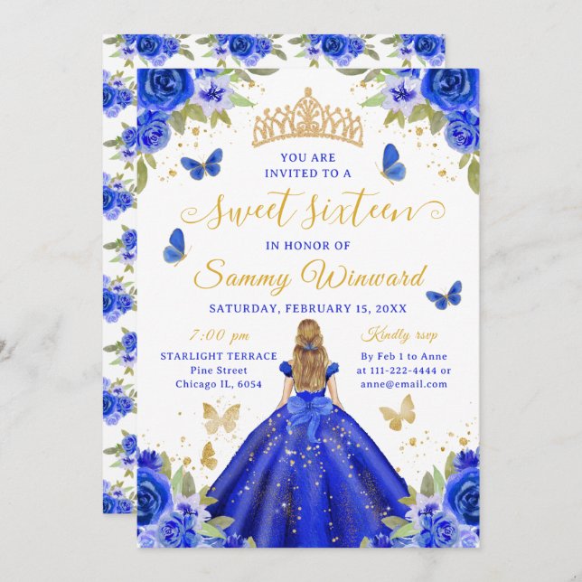 Sweet 16 Royal Blue Princess Blonde Girl Invitation (Front/Back)