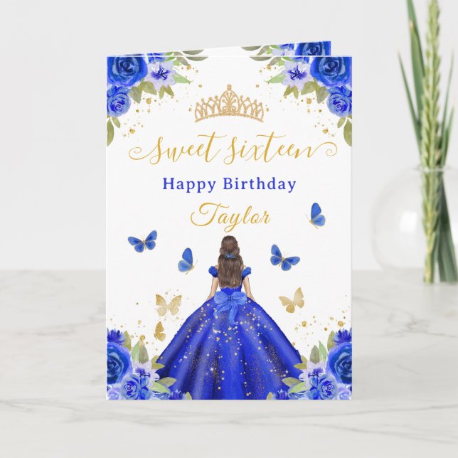 Sweet 16 Royal Blue Princess Brunette Girl Card (Front)