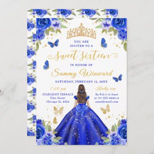 Sweet 16 Royal Blue Princess Brunette Girl Invitation
