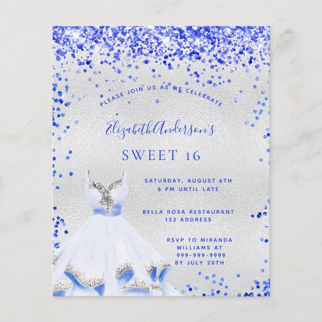 Sweet 16 royal blue silver budget invitation flyer (Front)