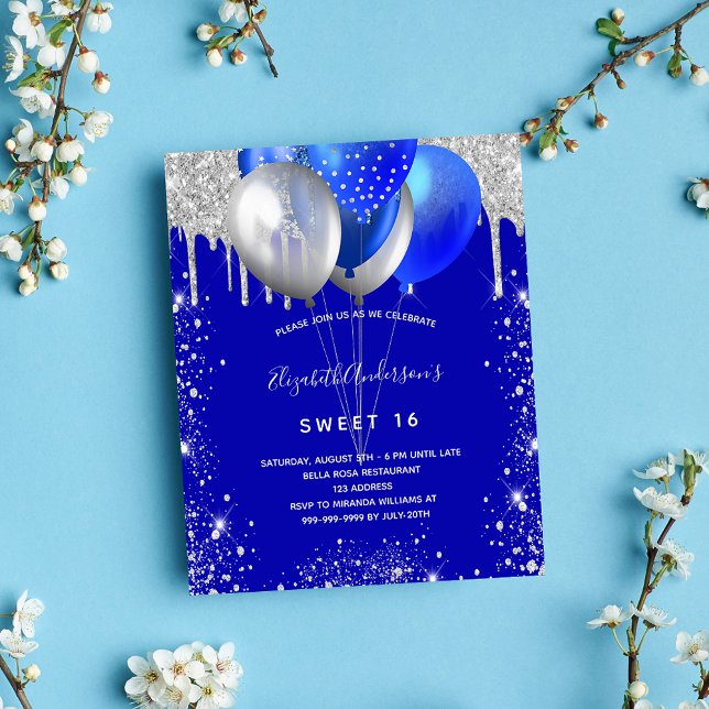 Sweet 16 royal blue silver budget invitation flyer (Creator Uploaded)