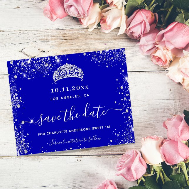 Sweet 16 royal blue silver budget save date flyer (Creator Uploaded)
