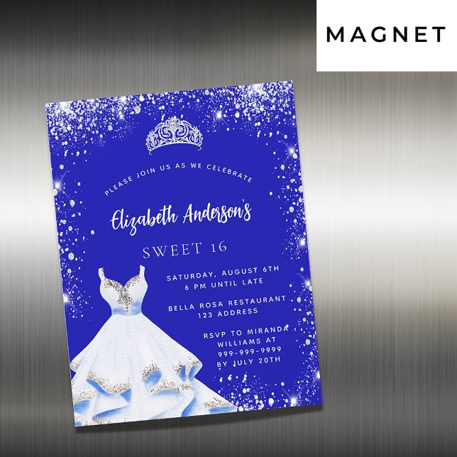 Sweet 16 royal blue silver dress tiara luxury magnetic invitation (Creator Uploaded)