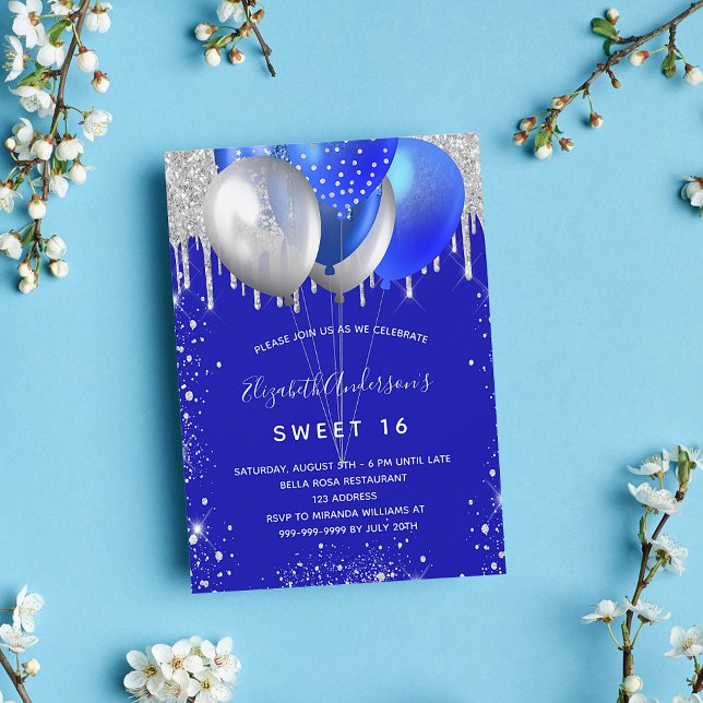 Sweet 16 royal blue silver glitter balloons luxury invitation (Creator Uploaded)