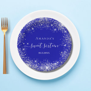 Sweet 16 royal blue silver glitter dust monogram paper plate
