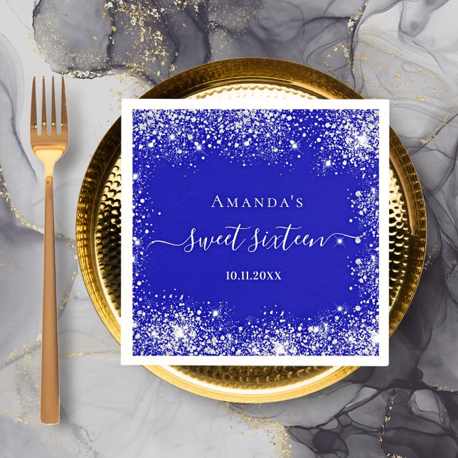 Sweet 16 royal blue silver glitter monogram napkin (Creator Uploaded)