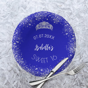 Sweet 16 royal blue silver glitter name paper plate