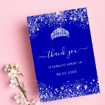 Sweet 16 royal blue silver glitter tiara thank you card<br><div class="desc">A Sweet 16, 16th birthday thank you card. A royal blue background colour. Decorated with faux silver glitter, sparkles. On front large white hand lettered script and the text: Thank You. Back: Personalise and add Your thank you note and name. The name is written with a modern hand lettered style...</div>