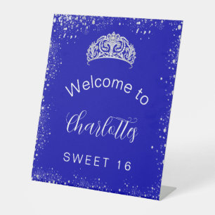 Sweet 16 royal blue silver glitter welcome pedestal sign