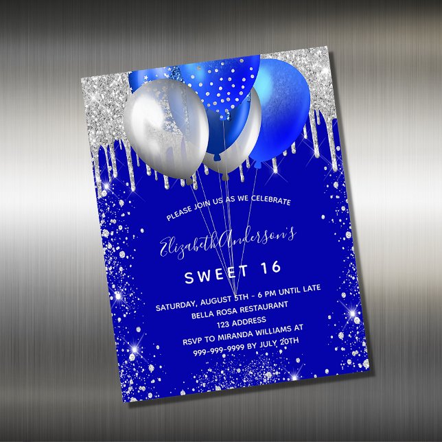 Sweet 16 royal blue silver invitation magnet (Creator Uploaded)
