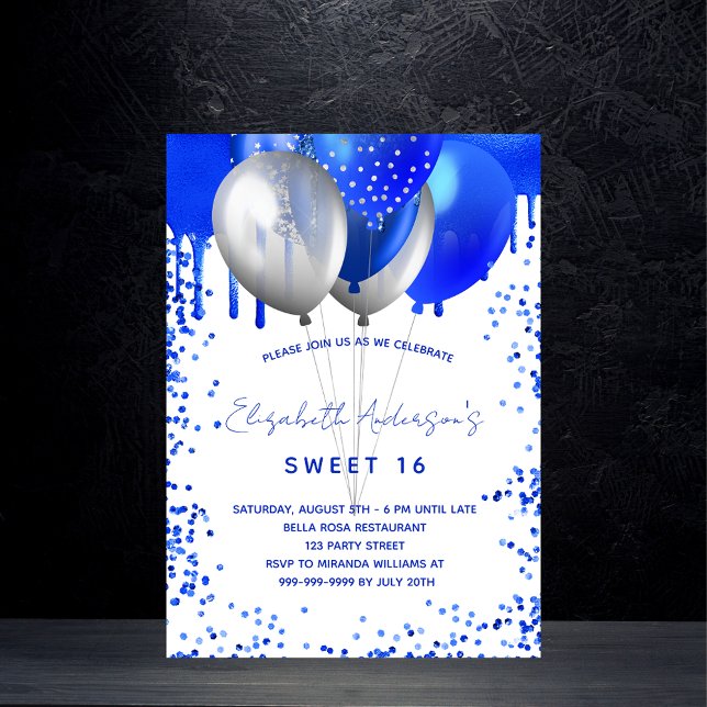 Sweet 16 royal blue white balloons glitter drips invitation (Creator Uploaded)