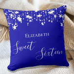 Sweet 16 royal blue white stars name cushion<br><div class="desc">A pillow for a Sweet 16,  16th years old girls room. A royal blue background decorated with white stars. The text: Sweet Sixteen is written in white with a large modern hand lettered style script. Personalise and add a name.</div>
