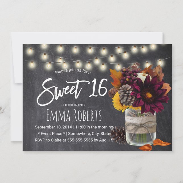 Sweet 16 Rustic Autumn Floral Mason Jar Chalkboard Invitation (Front)