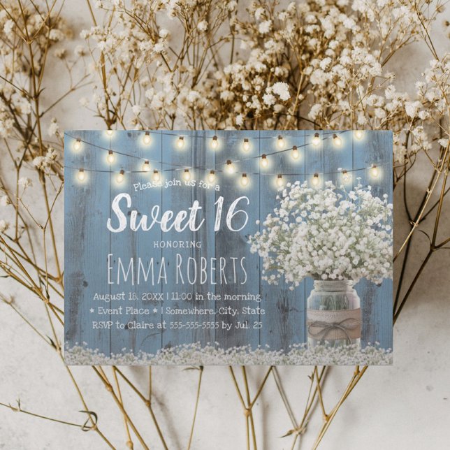 Sweet 16 Rustic Babys Breath Floral Jar Dusty Blue Invitation (Creator Uploaded)