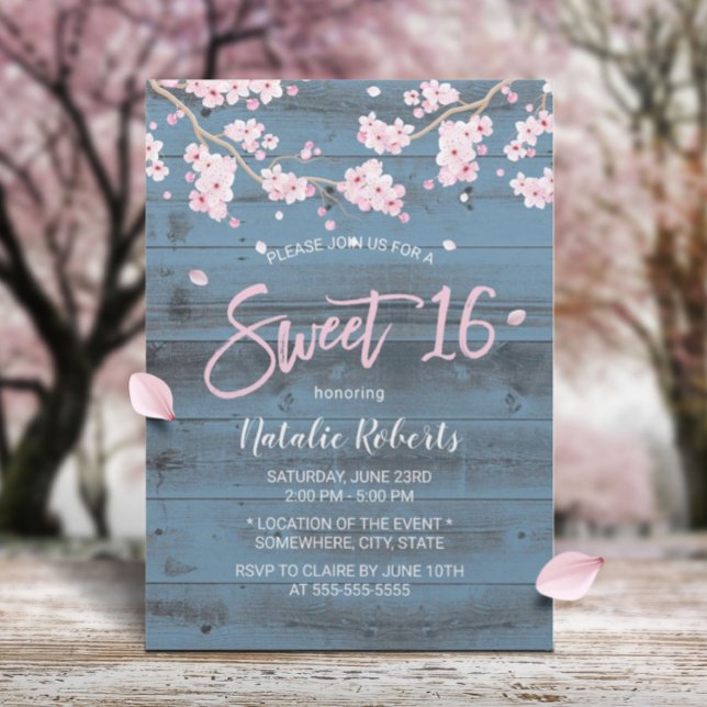 Sweet 16 Rustic Cherry Blossom Flowers Dusty Blue Invitation (Creator Uploaded)