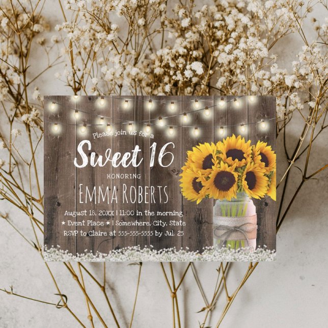 Sweet 16 Rustic Sunflower Floral Jar Barn Wood Invitation (Creator Uploaded)