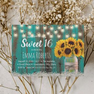 Sweet 16 Rustic Sunflower Jar Teal Barn Wood Invitation