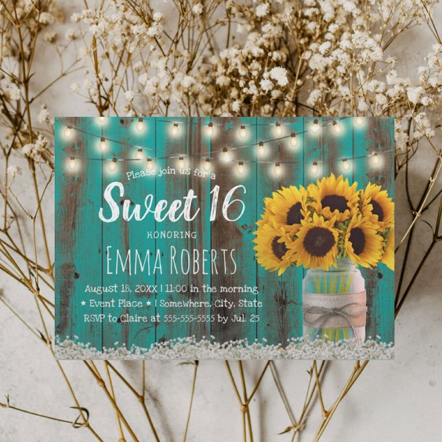 Sweet 16 Rustic Sunflower Jar Teal Barn Wood Invitation (Creator Uploaded)