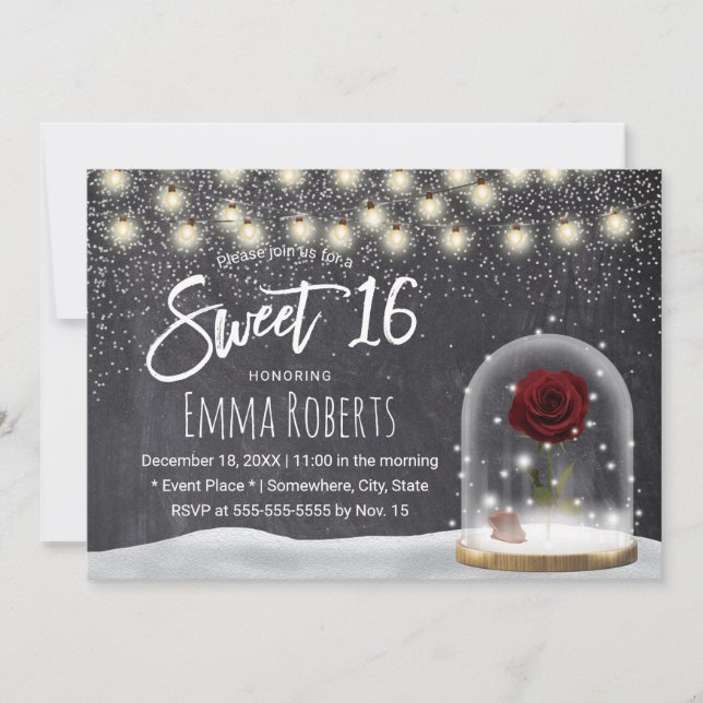 Sweet 16 Rustic Winter Beauty Rose Dome Chalkboard Invitation (Front)