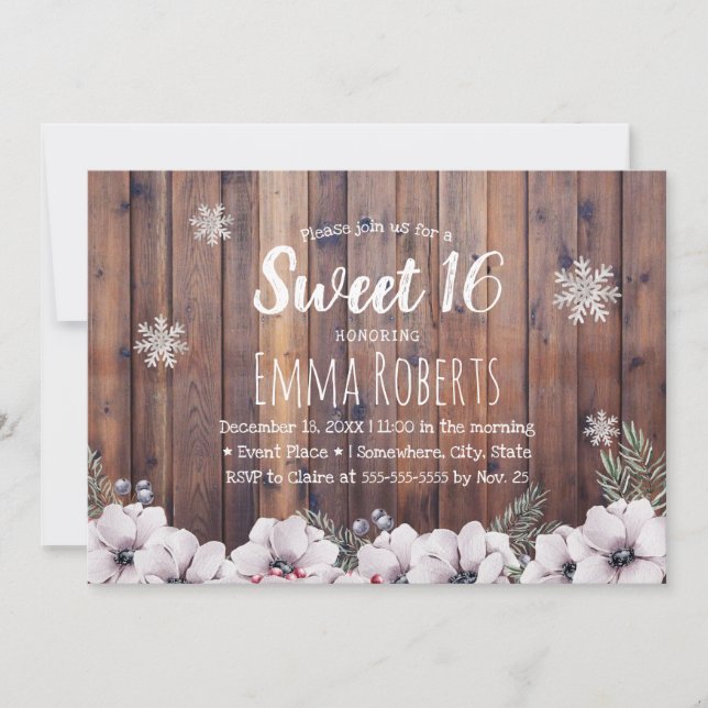 Sweet 16 Rustic Winter Floral Snowflakes Invitation (Front)