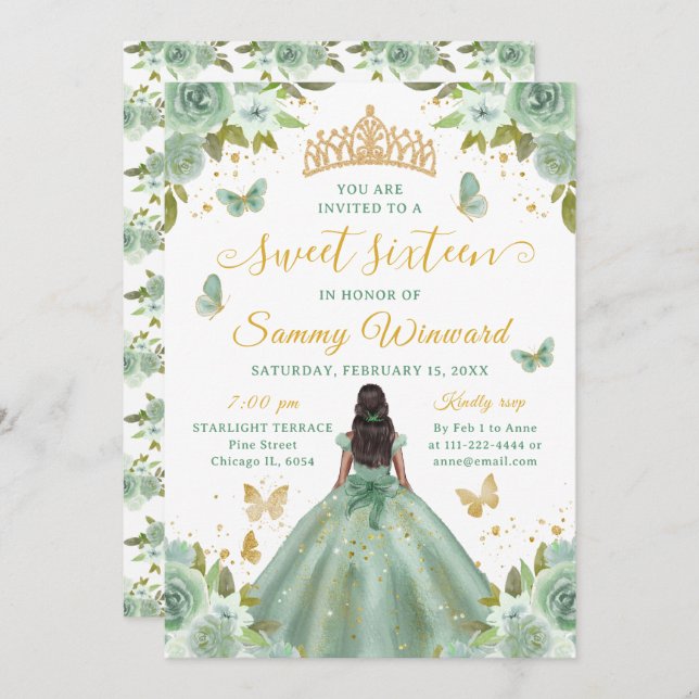 Sweet 16 Sage Green Princess African American Girl Invitation (Front/Back)