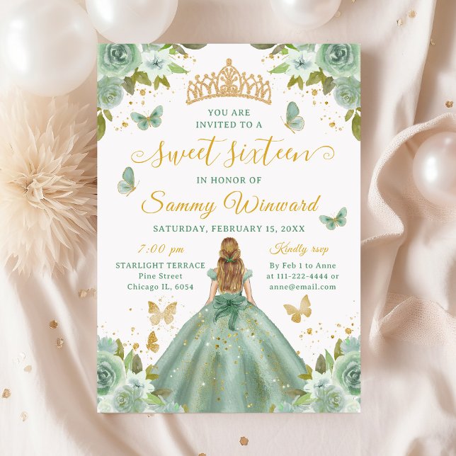 Sweet 16 Sage Green Princess Blonde Girl Invitation (Creator Uploaded)