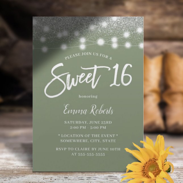 Sweet 16 Sage Green Silver Glitter Birthday Invitation (Creator Uploaded)