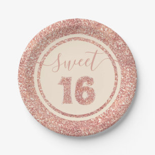 Sweet 16 Salmon Faux Glitter Stripe Birthday Party Paper Plate
