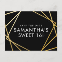 Sweet 16 Save the Date Black Gold Geometric