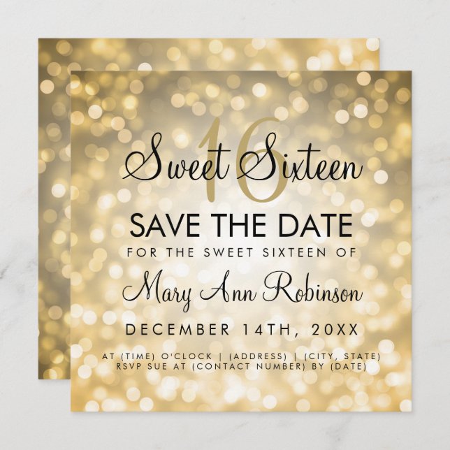 Sweet 16 Save The Date Gold Glitter Lights Invitation (Front/Back)