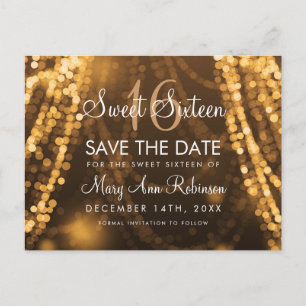 Sweet 16 "Save The Date" Gold String Lights Announcement Postcard