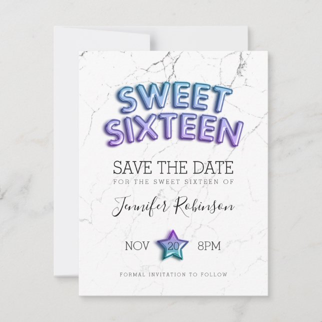 Sweet 16 Save The Date Mermaid Balloons Glitter (Front)