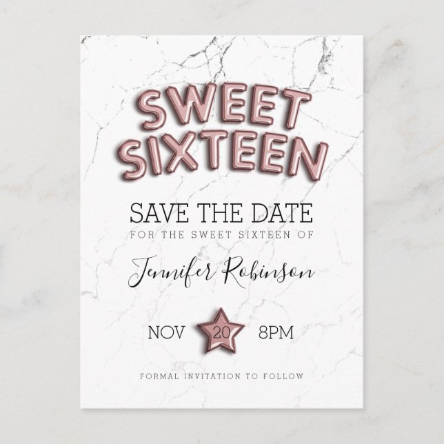 Sweet 16 Save The Date Rose Gold Balloons Glitter Announcement Postcard (Front)