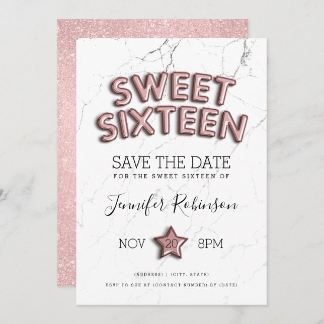 Sweet 16 Save The Date Rose Gold Balloons Glitter Invitation (Front/Back)