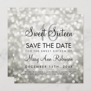 Sweet 16 Save The Date Silver Glitter Lights Invitation