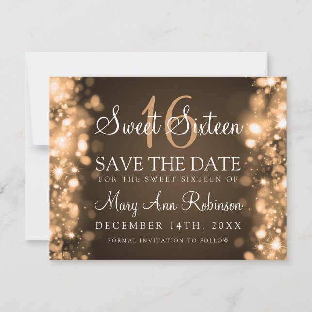 Sweet 16 "Save The Date" Sparkling Lights Gold Save The Date (Front)