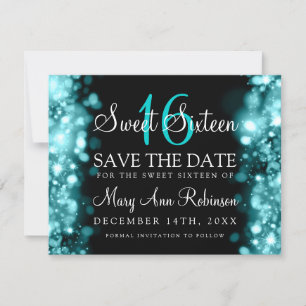 Sweet 16 Save The Date Sparkling Lights Teal Blue