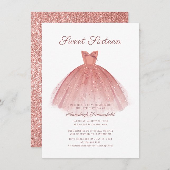 Sweet 16 Script Rose Gold Modern Dress Glitter Invitation (Front/Back)
