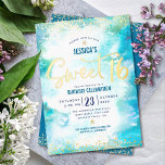 Sweet 16 Script Turquoise Watercolor Real Gold<br><div class="desc">“Happy Sweet 16”. Send out this stunning, sparkly, girly, festive, modern, personalised, custom real gold foil party invitation for an event to remember. Sparkly real gold foil, tiny confetti dots and handwritten script overlay a turquoise blue watercolor background. Personalise the custom text with your daughter’s name as well as other...</div>