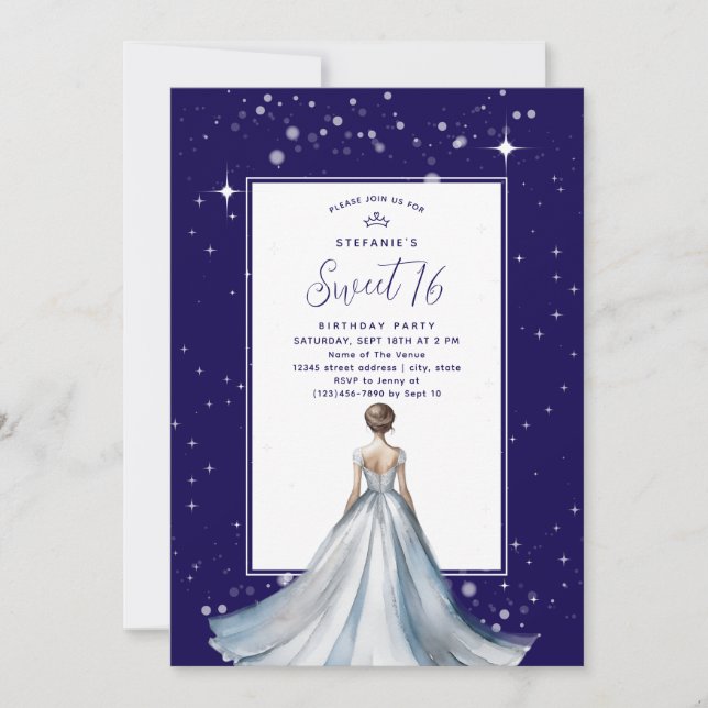 Sweet 16 Silver Ball Gown Dress Navy Blue Birthday Invitation (Front)